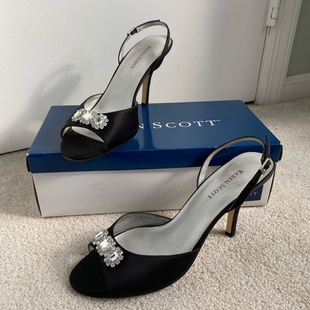 Classic Black Satin Pumps with Jewel Detail